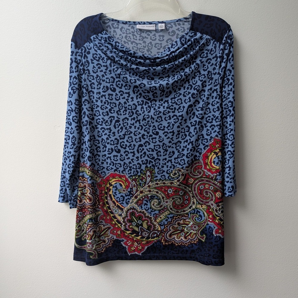 Susan Graver Liquid Knit Top Blue Leopard Paisley Cowl Neck Sz S Colorful Fun
